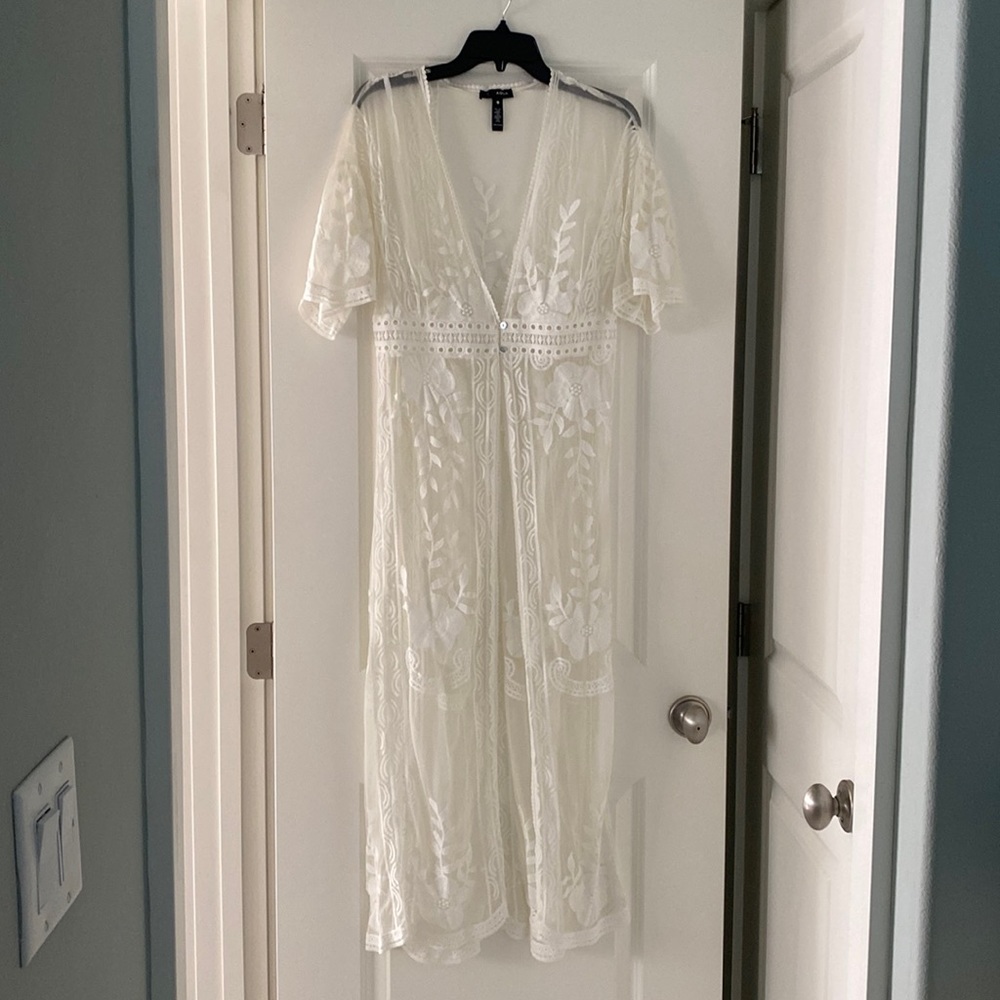 Aqua White Crochet Lace Beach Kimono